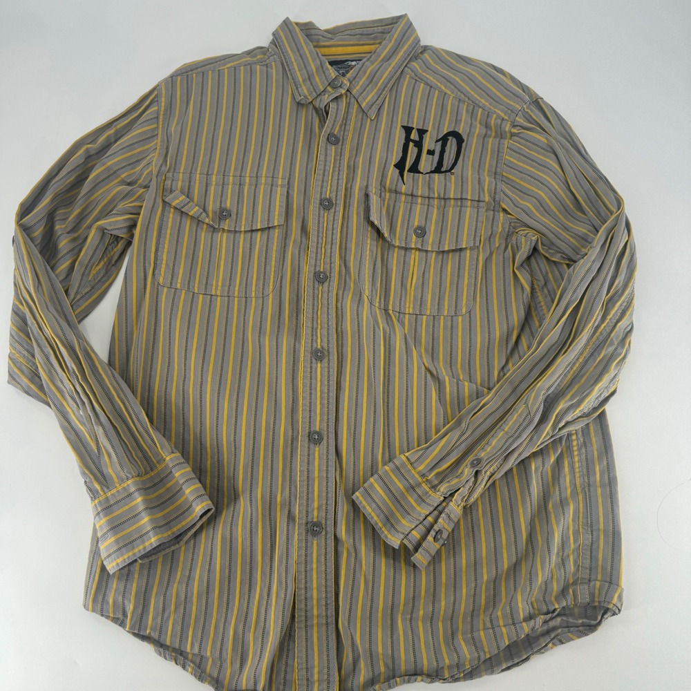 Harley-Davidson Mens Grey Yellow Striped Embroidered Button Down Shirt Medium